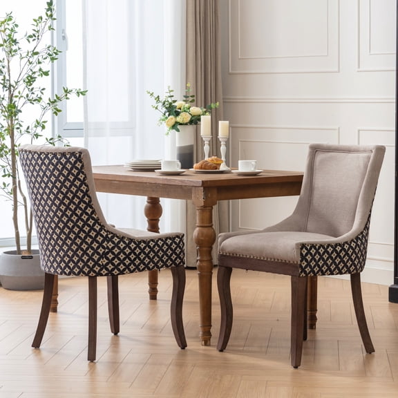 2pcs Dining Chair Collection, Thickened Fabric Seat, Solid Wood Frame, Bronze Nail Head, Beige & , Sw2207bg , Upholstery, Legs, Details, Style,