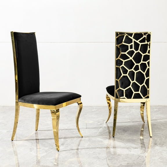 2pcs Dining Chairs, Black Velvet Upholstery, Gold Stainless Steel Legs, Snake-like For Comfortable Seating Of 2 Fabric, A Meal