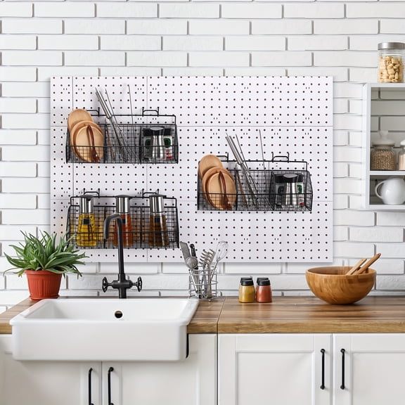 2pcs Divided Pegboard Baskets Set | Metal Garage Storage with 4 Pegboard Hooks Wall Mount Organizer for Workbench Bathroom Accessory Storage, 3 Grid, Black