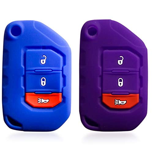 2pcs Dobrev 3 Buttons Flip Silicone Case Protector Key Fob Cover Smart Car Remote Holder Fit for 2018 2019 2020 Jeep Wrangler JL L Gladiator JT 68292942AA Keyless Entry Remote Key (blue and purple)