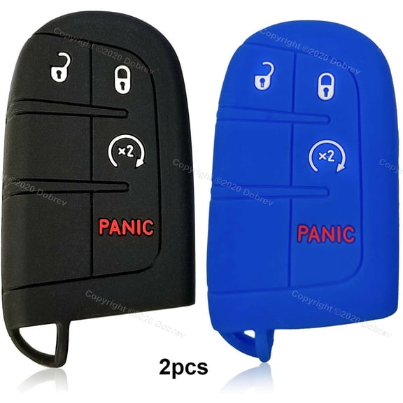 2pcs Dobrev 4 Button Silicone Case Protector Key Fob Smart Car Remote Holder for Dodge Ram Durango Challenger Jeep Grand Cherokee Smart Key (black and blue)