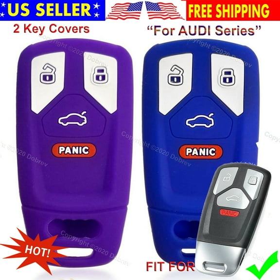 2pcs Dobrev 4 Buttons Silicone Case Protector Key Fob Cover Smart Car Remote Holder for Audi TT A4 A5 S4 S5 Q7 SQ7 2017 2018 with Panic Button (Purple and Blue)