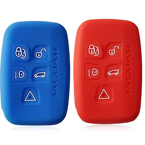 2pcs Dobrev 5 Buttons Silicone Case Protector Key Fob Cover Smart Car Remote Holder Fit for Jaguar XK, XKR XF XFR XJ XJL S-Type X-Type F-Type (Blue and red)