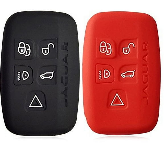 2pcs Dobrev 5 Buttons Silicone Case Protector Key Fob Cover Smart Car Remote Holder for Jaguar XK, XKR XF XFR XJ XJL S-Type X-Type F-Type (Black and red)