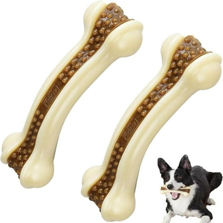 2pcs Dog Bones Chew Toys for Aggressive Chewers,Real Beef Flavor,Indestructible Dog Teething Chew Toys for Large/Medium/Small Puppies Breed,Tough Pet Toy with Nylon