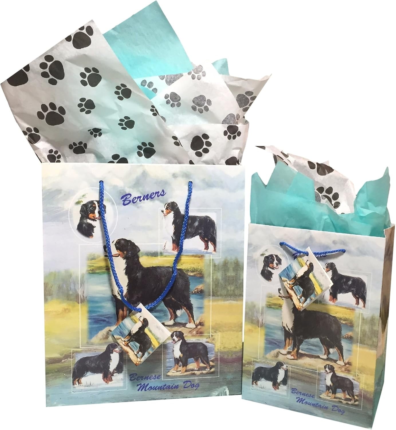 2pcs Dog Breed Gift Bags Set of Two with Tissue Paper (Bernese Mountain