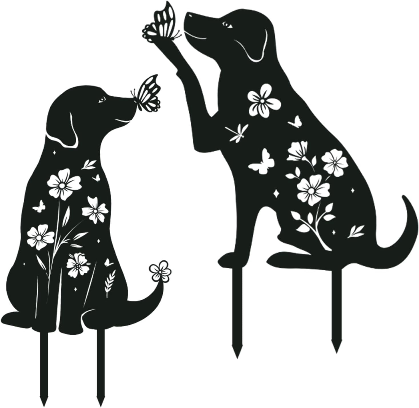 2pcs Dog Garden Stakes with Butterflies & Flowers - Metal Iron Labrador Silhouette Decorative Yard Art - Weather-Resistant Animal Statues for Outdoor Garden, Lawn, Patio, Planter Decor - Dog Lover Gi