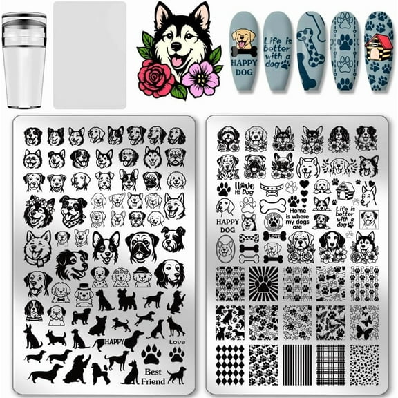 2pcs Dog Nail Stamping Plates 124 Patterns Cute Pet Nail Plate Stainless Steel Nail Image Template Dogs Paw Nails Stencil Set for Dog Lover Manicure Decor 5.7x3.7 inch