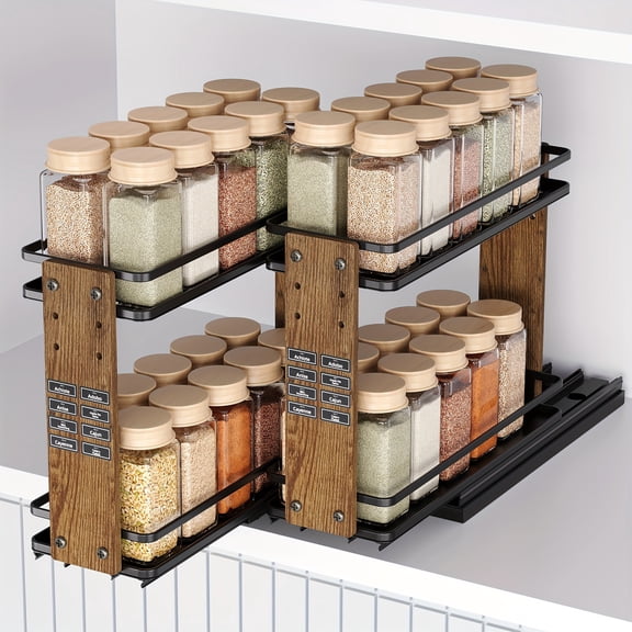 2pcs Double Tier Adjustable Height Pull Out Spice Rack For Cabinets, Rust Resistant Under Cabinet Spice Bottle Organizer, Adjustable L-Shaped Spice Rack Storage Counter, 2 Tiers, 7.2 Inch, Sliding