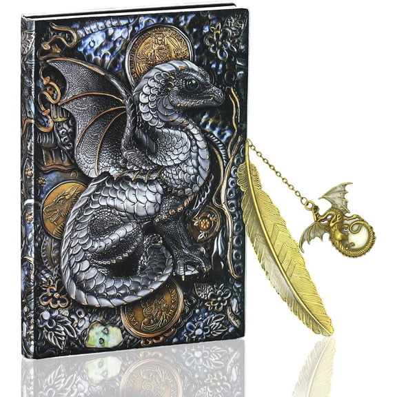 2pcs Dragon Notebook with Dragon Bookmark - Leather Embossed Dragon Notebook, Dragon Journal, DND Notebook, Dungeons and Dragons Notebook (A5)