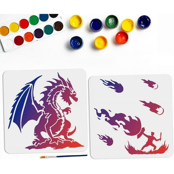 2pcs Dragon Warrior Flame Stencils 22.411inch Splicing Style Medieval Dragon Stencil with Paint Brush 11.811.8inch Large Flame Fire Template for Fabric Walls Furniture