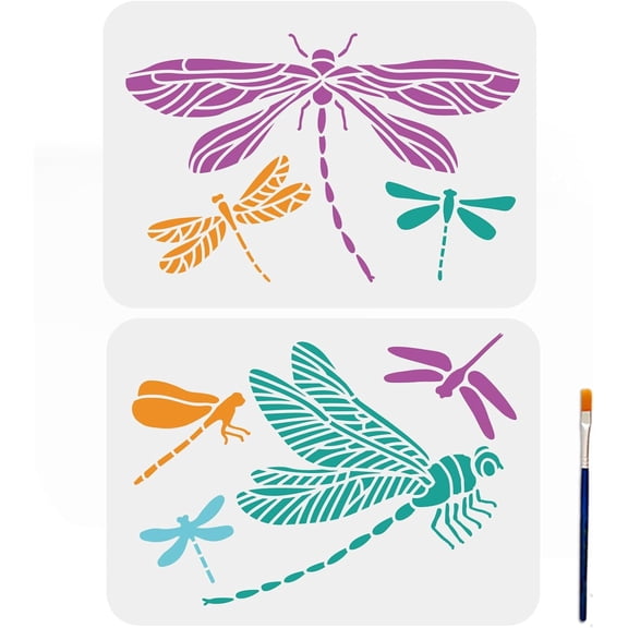 2pcs Dragonfly Stencils Insect Bugs Dragonflies Templates 7 Dragonflies 11.78.3inch with Paint Brush Reusable Stencil