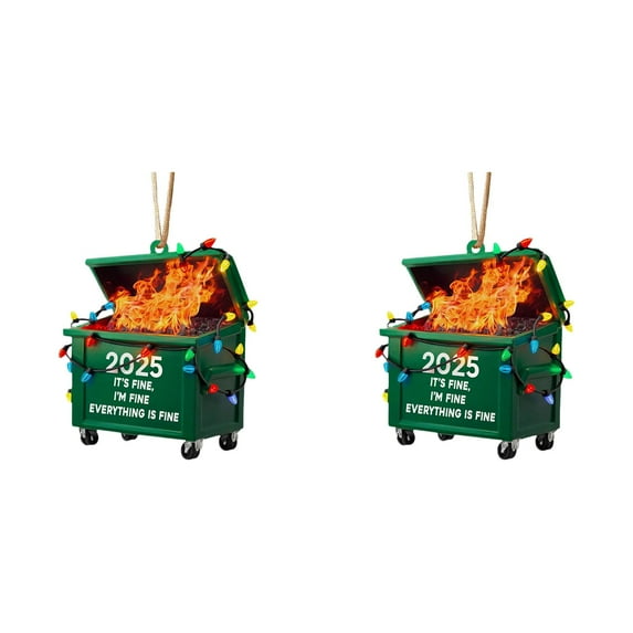 2pcs Dumpster Fire Christmas Ornament 2025, Funny Holiday Hanging Decor with Everything Is Fine Design, Unique New Year Gag Gift for Christmas Tree, Hilarious Novelty Decoration for Friends