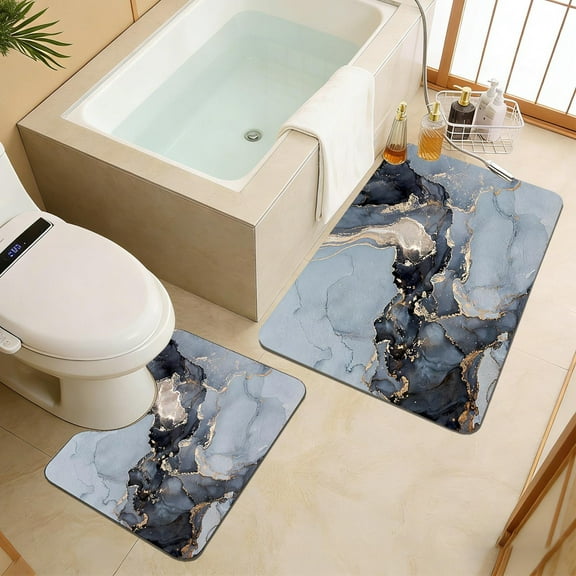 2pcs Earth Bath Mat,Black White Gray Gold Marble Non-Slip Volume Super Absorbent Fast Drying for Bathroom Kitchen Door mat,Eco-Friendly Easy to Clean 16x24in,20x32in