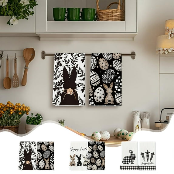 2pcs Easter Black Bunny Kitchen Towels - Soft Absorbent Dish Towels, Cute Rabbit-Print Table Decorations for Kitchen & Dining Table, Durable Cotton Towels for Cleaning/Holiday Ambiance, 24*16in, B