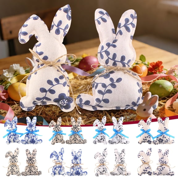2pcs Easter Blue And White Porcelain Fabric Bunny Ornaments, Chinese Style Easter Bunny Decor Cloth Rabbit Figurines, Easter Party Layout Easter Decor for Home Tabletop, E
