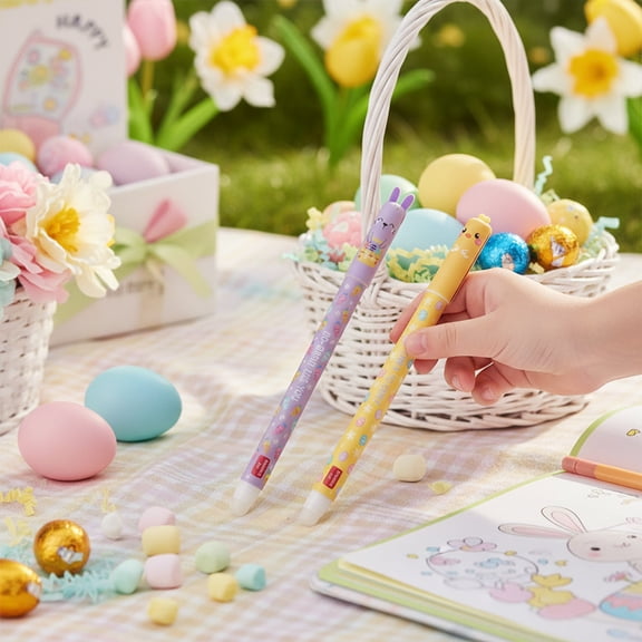 2pcs Grabie Erasable Gel Pens, Easter Pack Cute Bunny Chick Corgi Pens, 0.7mm Tip, Erasable Ink, No Eraser Sheets, Fun Holiday Stationery