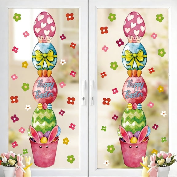 2pcs Easter Window Clings, Easter Egg Window Cling Stickers Large Window Decals Watercolor Funny Cartoon Egg Reusable Decoration for Spring Party Shop Home Classroom, 2 Sheets, 2 Sheets