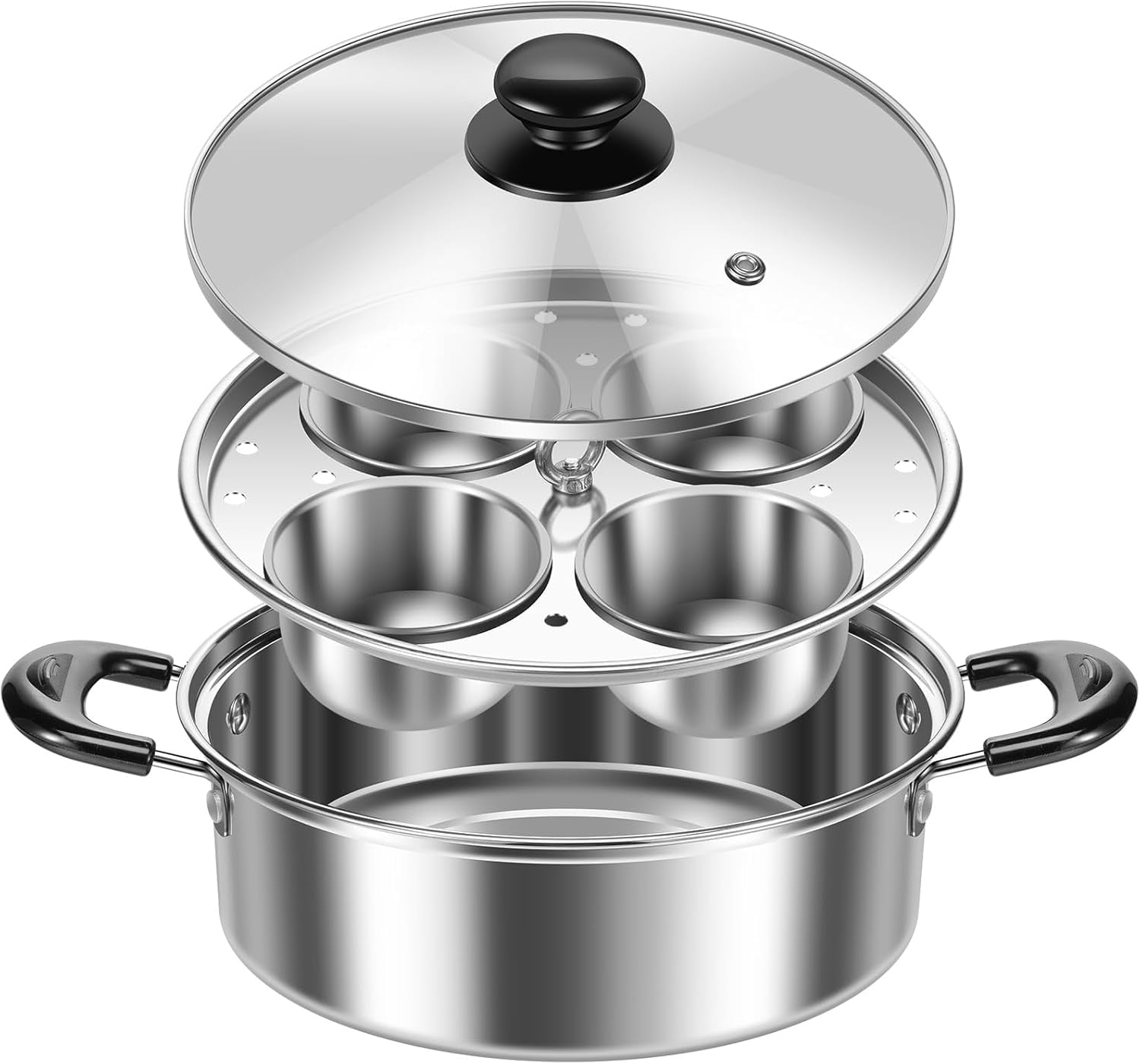 2pcs Egg Poacher Stainless Steel Poached Egg Maker Pot Egg Poaching Pan with 4 Cups Poached Egg Cooker Pot Multipurpose Stovetop Egg Poacher Pot for Induction Cooktop Gas Cooktop