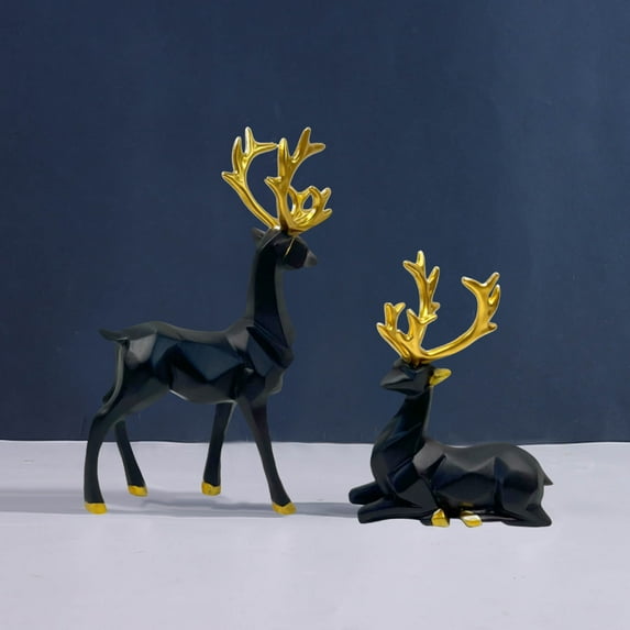 2pcs Elegant Christmas Reindeer Figurine Resin Sitting Standing Xmas Deer Statues 3D Origami Geometric Elk Sculpture Creative Animal Craft Tabletop Ornaments for Mantel Fireplace Home Decor (Black)
