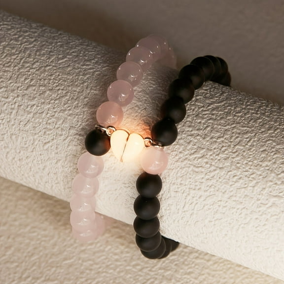2pcs Elegant Couple Glowing Heart Magnetic Beaded Bracelets-Black and Pink, Elastic Glass Wristband for Daily Wear and Gifts, Ideal Valentine'S Day Gift, Couple Bracelet,Polychrome