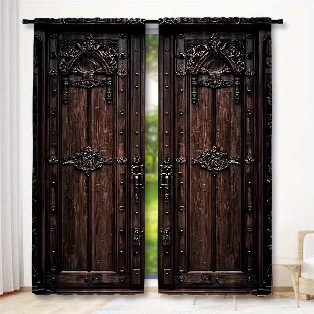 2pcs Elegant Wooden Door Print Curtains with Rod Pocket Design for ...