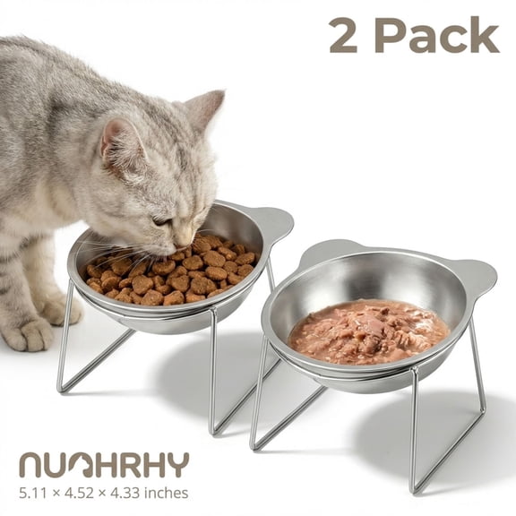 NUAHRHY 2pcs Elevated Cat Bowl for Small Cats Dogs 5.1" Wide Indoor Stainless Steel Raised Cat Dishes for Food and Water 15° Tilted Anti-Vomiting Dog Bowl Whisker Friendly Spine Friendly