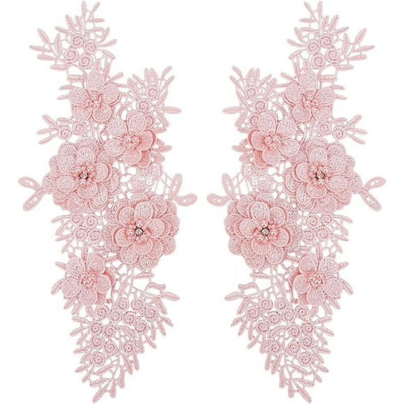 2pcs Embroidered Patches 3D Lace Applique Sew on Flower Bead Patches Embroidery Floral Beaded Lace Trim Fabric Pearl Appliques for Sewing Clothes Dress Hat Jeans Garment Decor Pink DIY