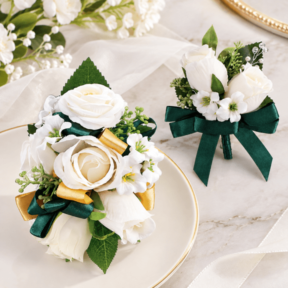 2pcs Emerald Green Corsage and Boutonniere Set Wedding Accessories