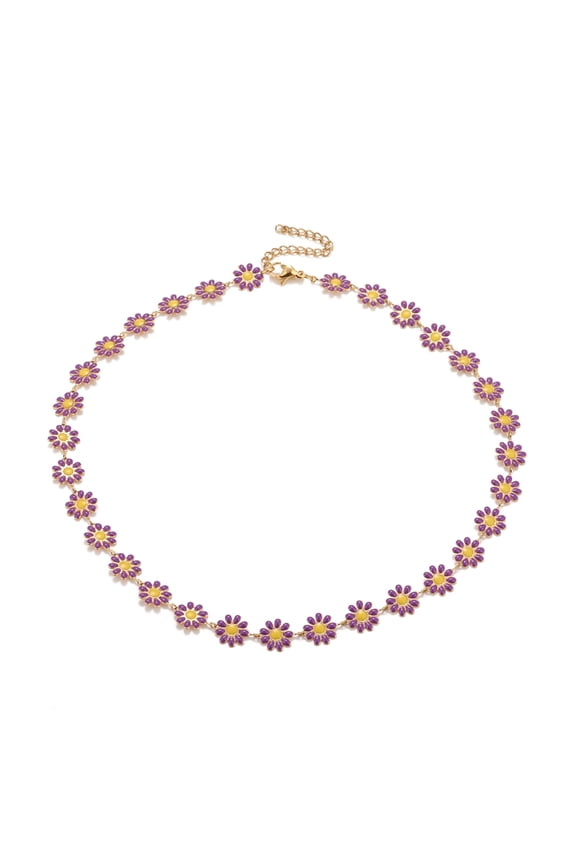 2pcs Enamel Daisy Link Chain Necklace PVD Vacuum Plating 304 Stainless Steel Jewelry for Women Golden Blue Violet 16.3 inch(41.5cm)DIY
