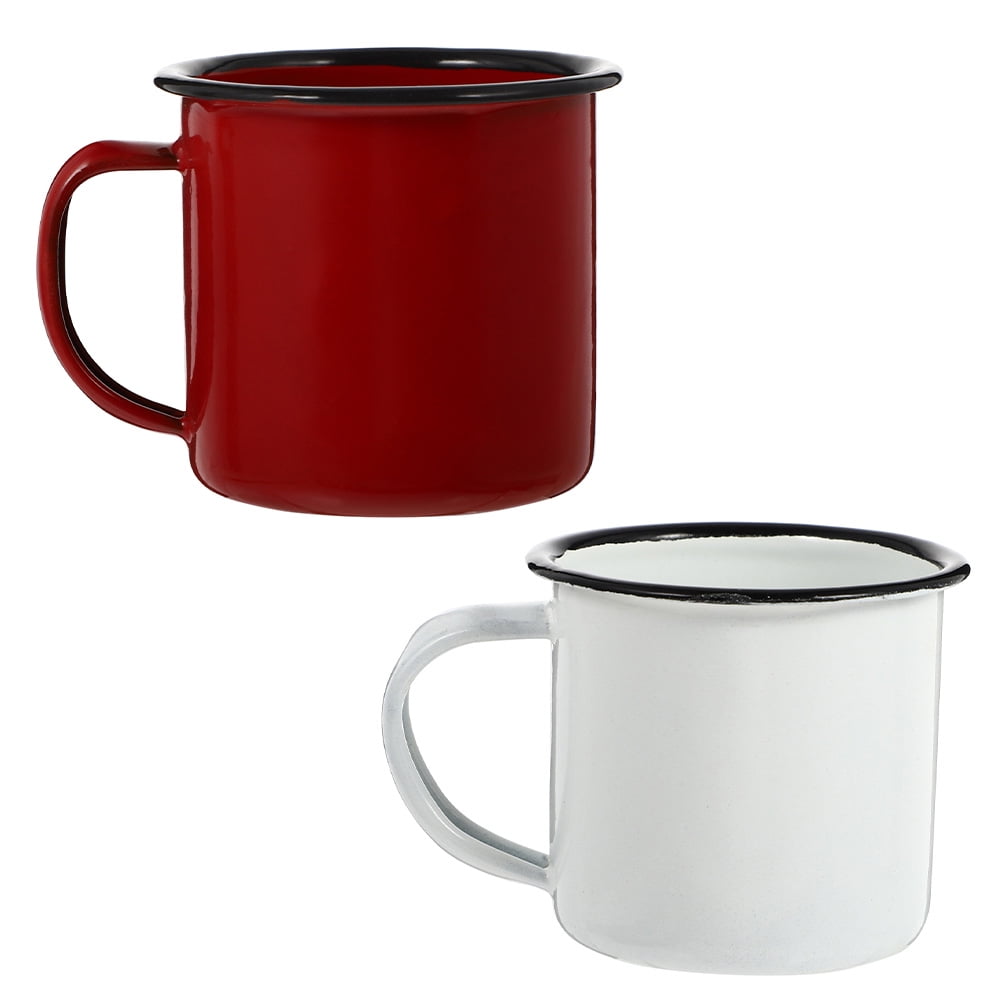 2pcs Enamelware Coffee Mug Camping Mug Vintage Metal Water Cup Cup Drinking Tumbler for Tea Beverage White Red