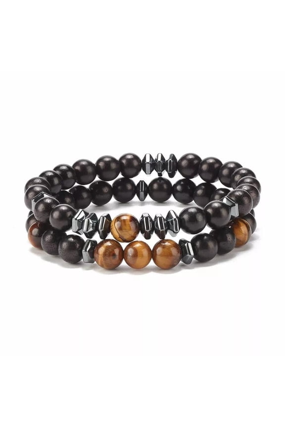 2pcs Energy Healing Stretch Bracelet Hematite Tiger Eye for Men Women Bead T56