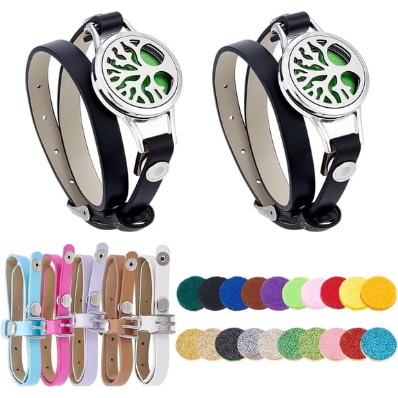 2pcs Essential Oil Diffuser Bracelets Tree of Life Stainless Steel Bracelet with 5 Replacement Leather Strap Adjustable Aromatherapy Locket Jewelry with 20 Refill Pad DIY