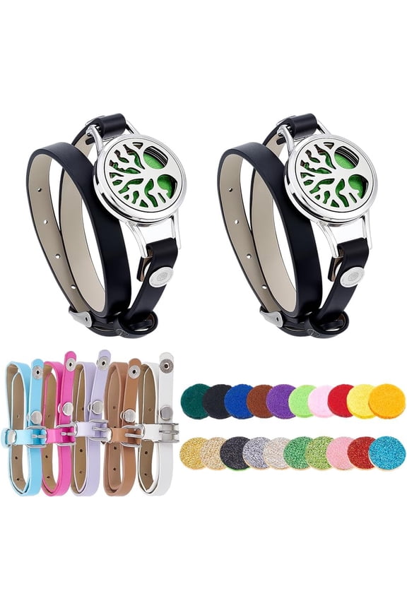 2pcs Essential Oil Diffuser Bracelets Tree of Life Stainless Steel Bracelet with 5 Replacement Leather Strap Adjustable Aromatherapy Locket Jewelry with 20 Refill Pad for Women Mom Gift