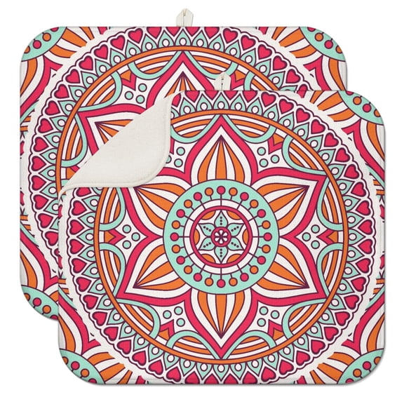 2pcs Ethnic Mandala Dish Drying Mat, 3-Layer Thick Absorbent Countertop Pad, Geometric Sacred Symbolic Design, Machine Washable & Reusable