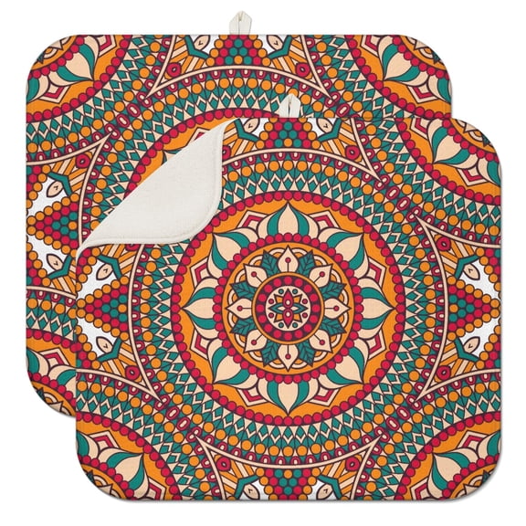2pcs Ethnic Zen Mandala Drying Pad, Folk Style Pattern, Quick Dry & Absorbent, Includes Hanging Loop
