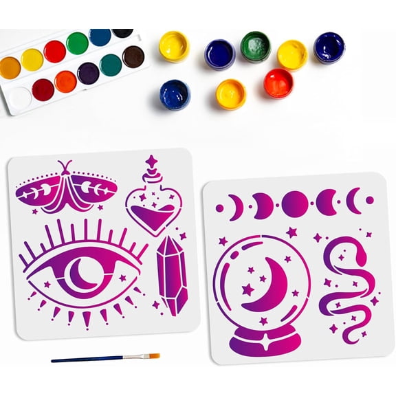 2pcs Evil Eyes Ball Stencil 11.811.8inch Magic Theme Stencil Magic Potion Moon Phase Star Moth Snake Template with Paint Brush for Home Decor Wood Wall Craft