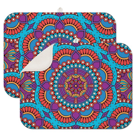 2pcs Exotic Cultural Mandala Dish Drying Pad, Zen Meditation Design, Heat Resistant & Durable, Includes Hanging Loop for Storage