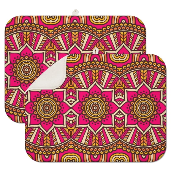 2pcs Exotic Mystic Mandala Kitchen Pad, Boho Chic Design, Super Absorbent & Quick Dry, Includes Hanging Loop