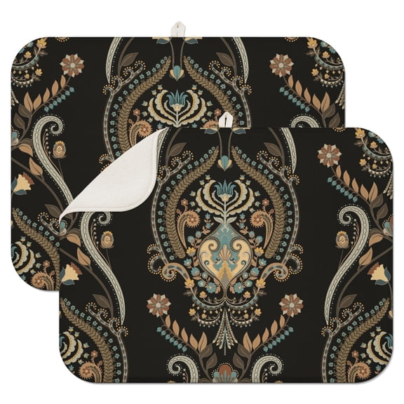 2pcs Exotic Paisley Artwork Dish Drying Pad Bohemian Tribal Design Super Absorbent Microfiber Kitchen Mat 3-Layer Protection