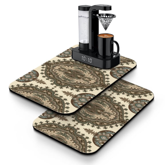 2pcs Exotic Paisley Coffee Bar Mat, Artistic Floral Absorbent Drying Mat for Coffee Station, Non-Slip Kitchen Counter Mat, 12x19in