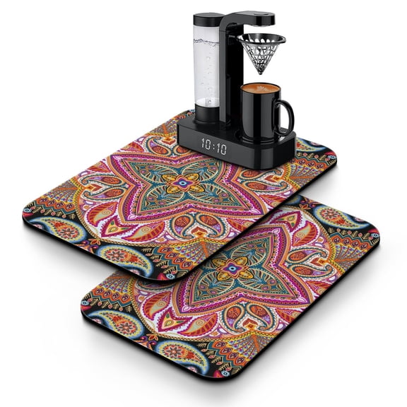 2pcs Exotic Paisley Coffee Bar Mat Vibrant Colorful Pattern Absorbent & Slip-Resistant Mat for Coffee Lovers, 4-Layer Construction