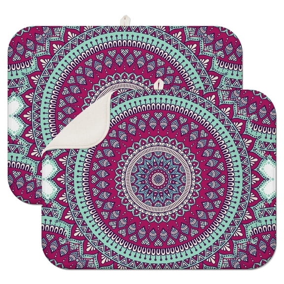 2pcs Exotic Spiritual Mandala Kitchen Mat, Ethnic Inspired Symmetrical Design, Heat Resistant & Foldable