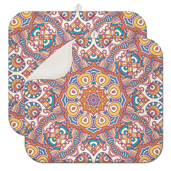 2pcs Exotic Zen Mandala Dish Drying Mat, Boho Chic Design, Multipurpose for Dishes & Counter, Space-Saving
