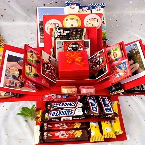 2pcs Explosion Surprise Gift Boxes Set with Lids & Ribbon, Multifunctional DIY Packaging Kit, Multiple Compartments, Suitable for Birthday, Wedding, Proposal, and Christmas (Snacks Not Included)