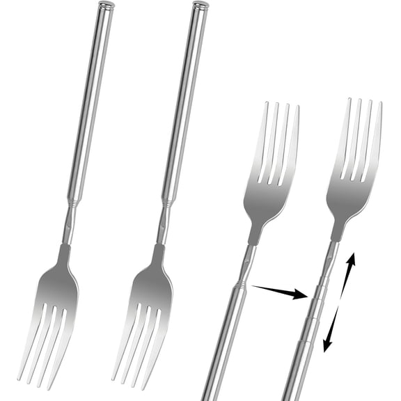 2pcs Extendable Forks, Stainless Steel Long Fork Prank, 8.7 to 25.43 Inch Expandable for Dining BBQ Travel Fruit Dessert Cutlery Handle Telescoping Forks