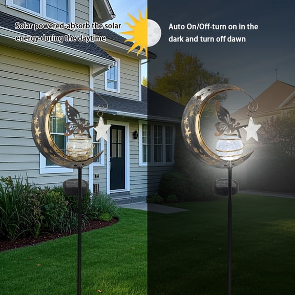2pcs Fairy Solar Pole Lights, Moon Backyard Decoration, Yard Art Decoration, Outdoor, Angel Garden Gift Decoration, Outdoor Lawn Decoration, Cracked Glass, Earth Courtyard Landscape Channel