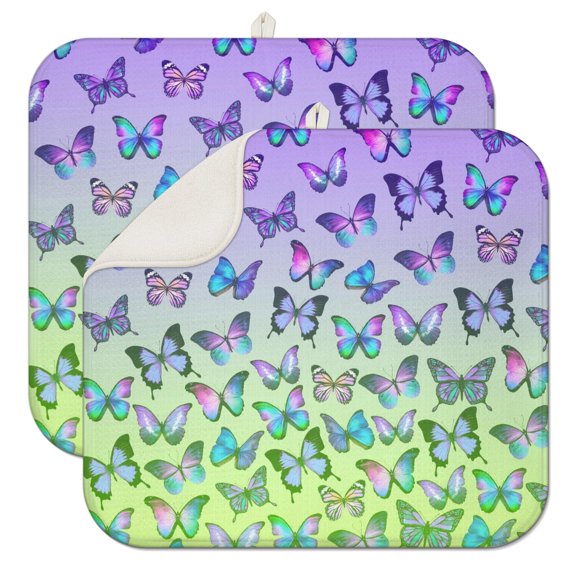 2pcs Fantasy Butterfly Kitchen Mat Super Absorbent Dish Drying Pad Colorful Butterfly Pattern 3-Layer Thick Counter Protector