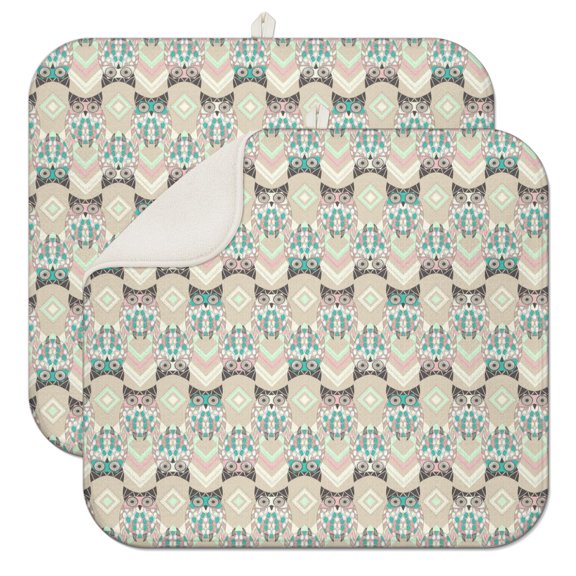2pcs Fantasy Owl and Stars Drying Mat Super Absorbent Microfiber Heat Resistant Kitchen Sink Pad