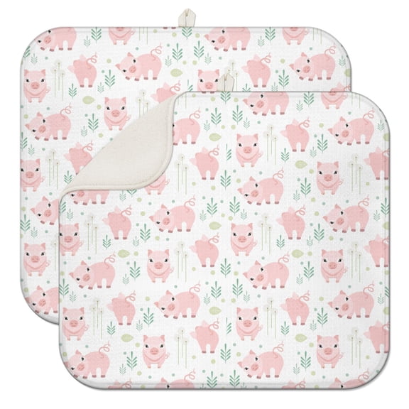 2pcs Farm Pig Themed Kitchen Mat, Cute Pig Cartoon Absorbent Microfiber Drying Pad, Heat Resistant Dish Drying Mat